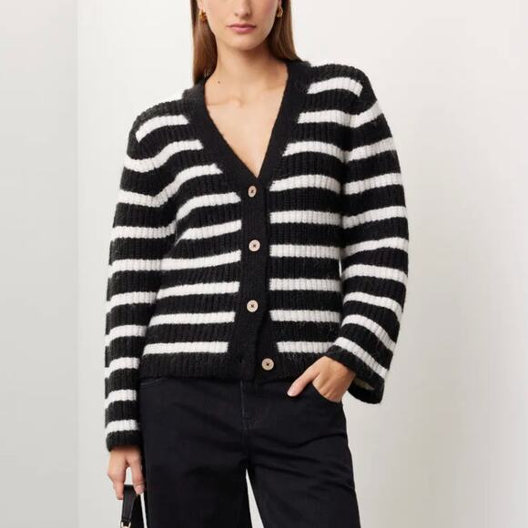 Slate & Willow Black White Striped Cardigan Sweater SMALL Fuzzy Cropped $115 - Picture 1 of 10